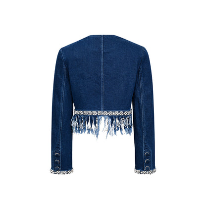 Limited Vintage inspired Beaded Fringed Denim Collarless Short Top + Pants suit set - Nina