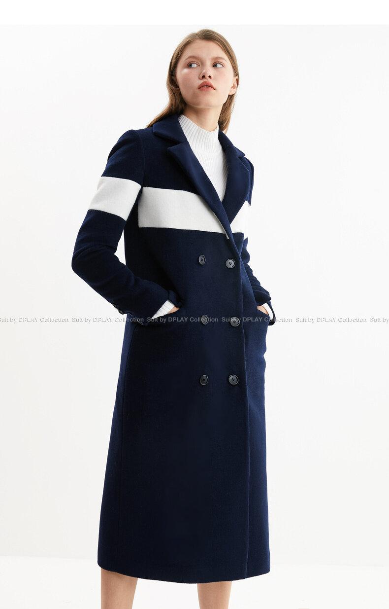 Autumn winter blue white double-breasted woolen long coat - Hani