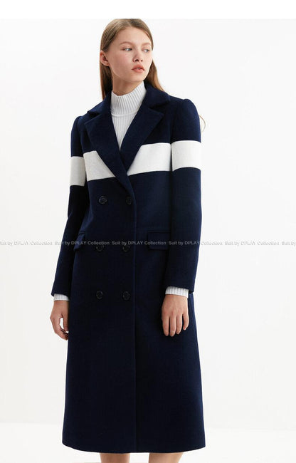 Autumn winter blue white double-breasted woolen long coat - Hani