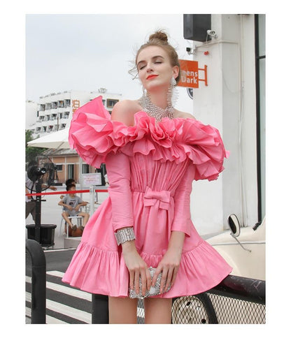 Ruffled Layered off Shoulder Princess Dress Dinner Party cocktail pink Dress
