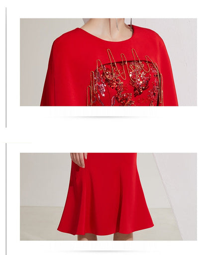 Red slim dress female long high-end banquet host dress skirt dress - Chima