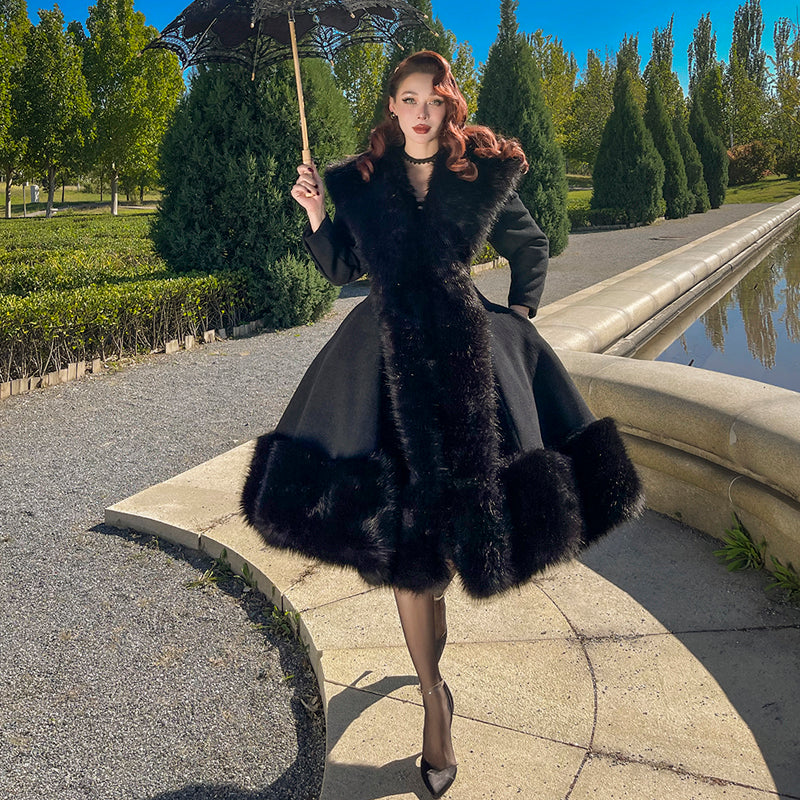 le palais vintage heavy luxury fur woolen big skirt Black coat