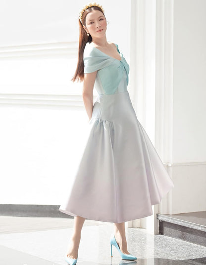 Early Spring 2023 new one-shoulder gradient V-neck waist dress- Salisa