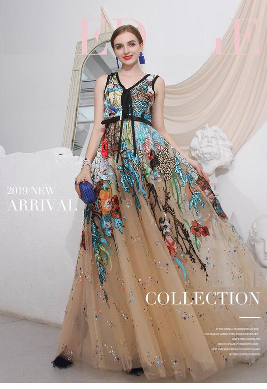 High-end Limited edition heavy work embroidery hand sequins de V-neck wedding evening gown dress  - Belize