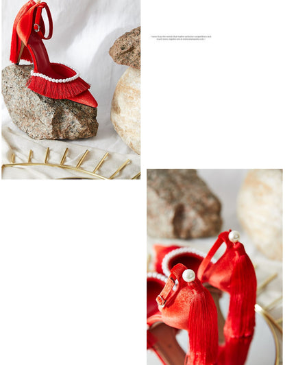 B-FEI designer red wedding tassel pearl bridal high heel shoes- Asiana