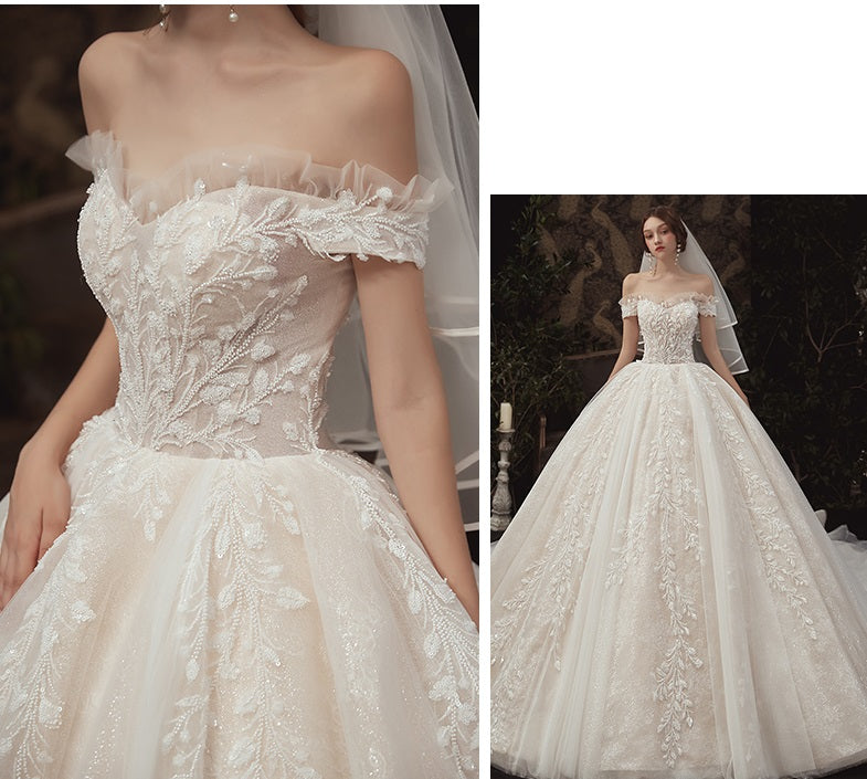 Ealy Spring 2023 one-shoulder new trailing bride wedding dress - Lannuo
