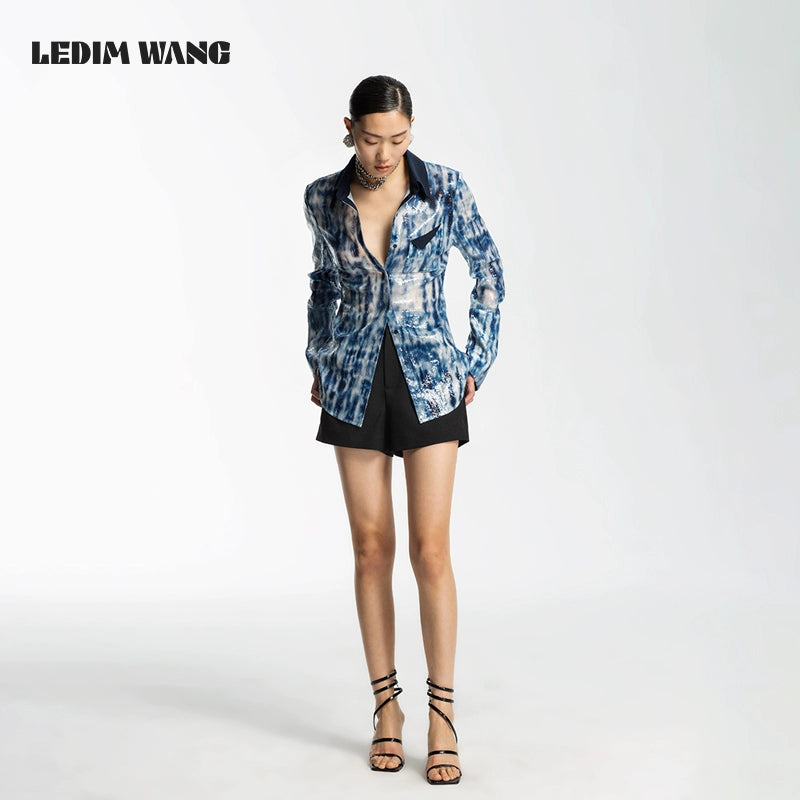 LEDIM W blue tie die sequin long sleeve botton down slim shirt top - Abba