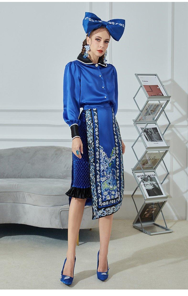 Embroidery retro national style  blue ruffled skirt two-piece set- Poly