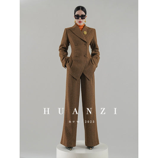 Huanzi  worsted wool high-end vintage British women's autumn winter blazer - Tiwe