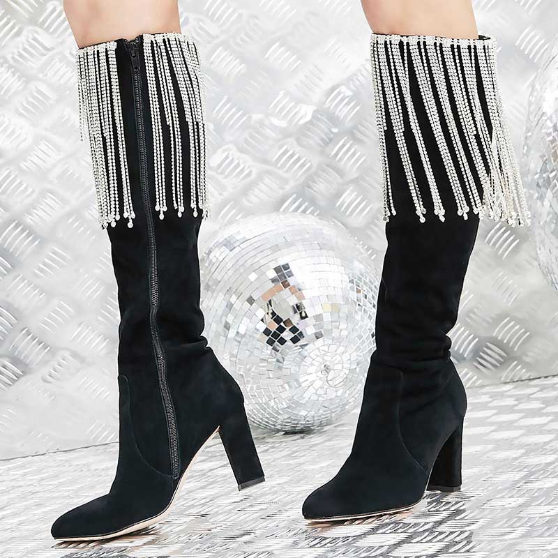 B-FEI Original Design 2021 New Tassel Rhinestone Chain Boots Thick Heel Boots Genuine Leather- Palona 37 / Black