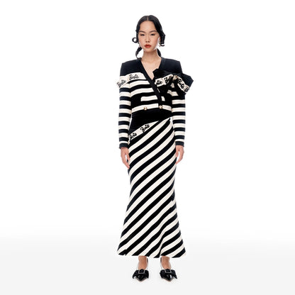 FAME black white striped contrast beaded waist fishtail long skirt - Tuggi