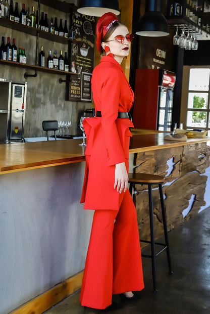 High end designer long-sleeved red pants suit two-piece suit set - Atta
