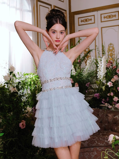 Wardrobes by Chen Luxury Couture Sleeveless halter layered party Dress- Nuni