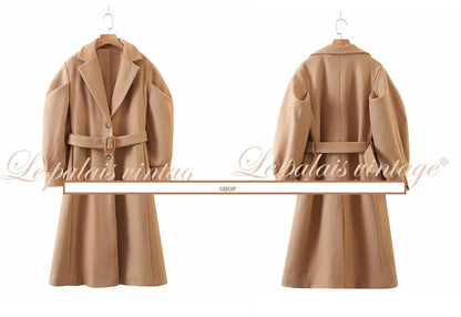 Autumn winter elegant camel lantern sleeve woolen wide long coat - Biou