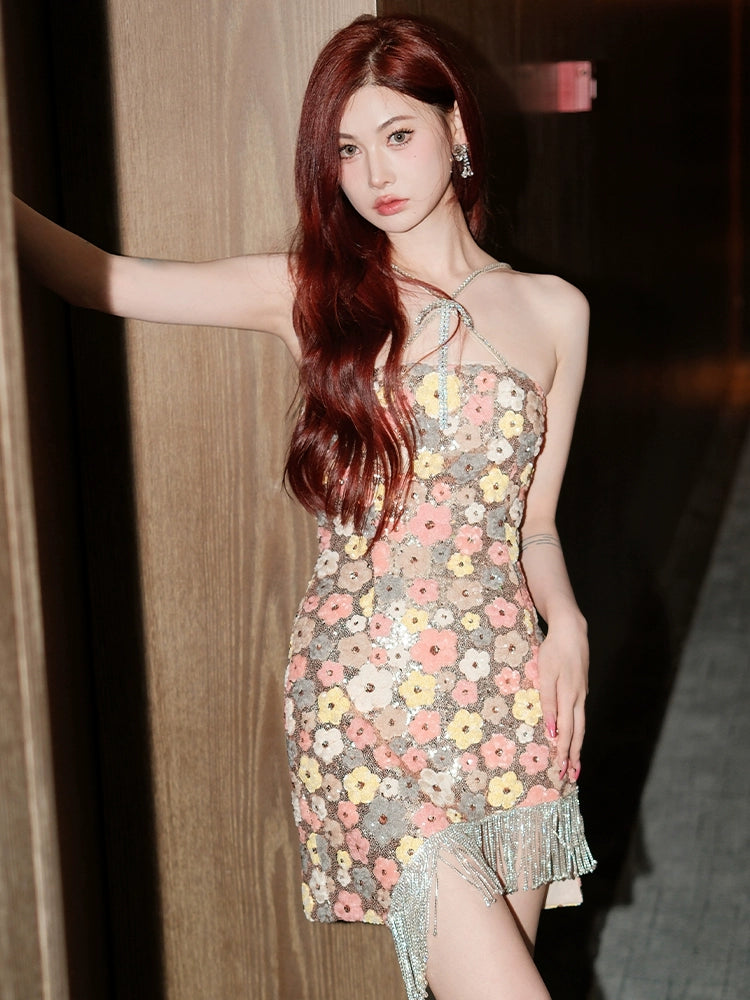 Wardrobes by Chen HighEnd Halter Diamond Tassel  sequin cocktail dress-Jam