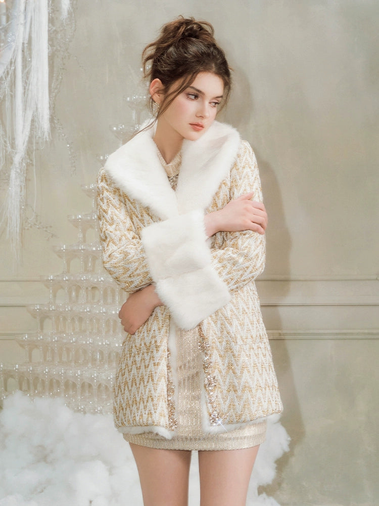 Wardrobes By Chen Elegant Gold Long Sleeve Medium Fur Jacket-Medis