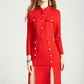 Autumn and winter red stand collar sleek cut fork slit long sleeve red dress - Azia