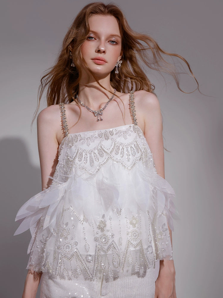 Wardrobes by Chen White sequin Strap Lace Loose Top High Waist Straight Pant-Lacey