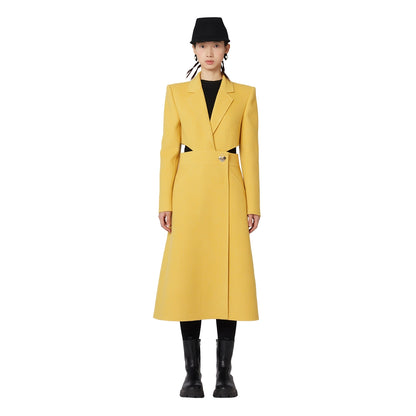 YES BY YESIR cashmere wool high-end yellow black small waist fine long coat - Kara