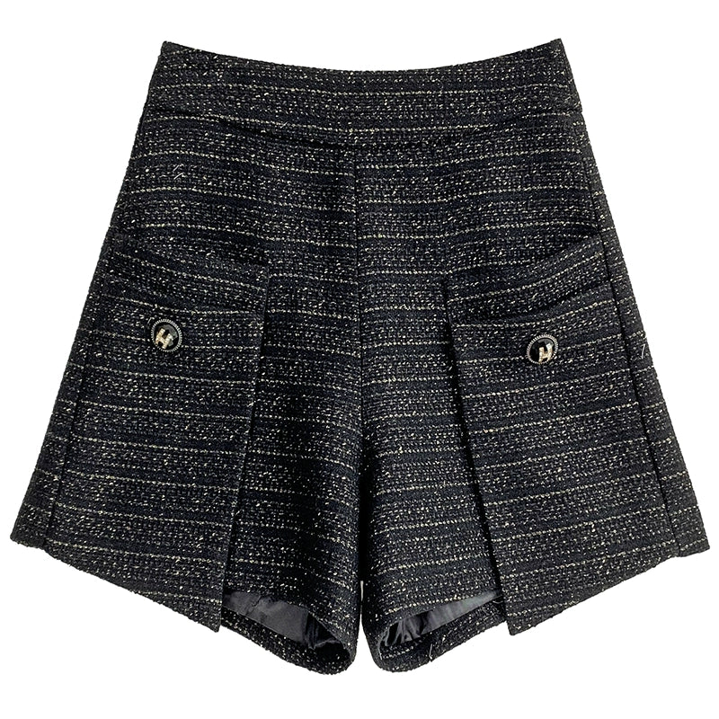 Huanzi yarn wool woven A-line high-waisted tweed shorts - mwaw