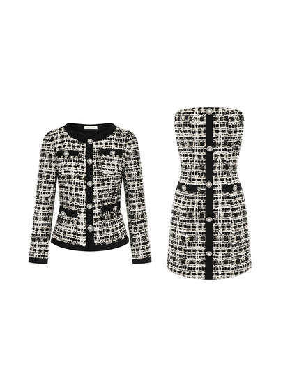 Wardrobes by Chen High End plaid twee Diamond Button Jacket mini dress- Kaya