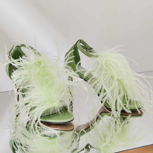 B-FEI Original Design Niche Design Romantic Feather Fruit Green Sexy High Heels Sandals- Diana