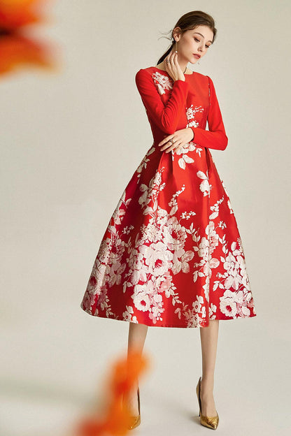 Spring retro 1950 red feminine jacquard long sleeve wedding guest audrey hepburn dress - Bailey