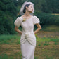 Vintage milky white retro-chic  rounded neckline, high-waisted cut, pullover closure lace dress- Turni