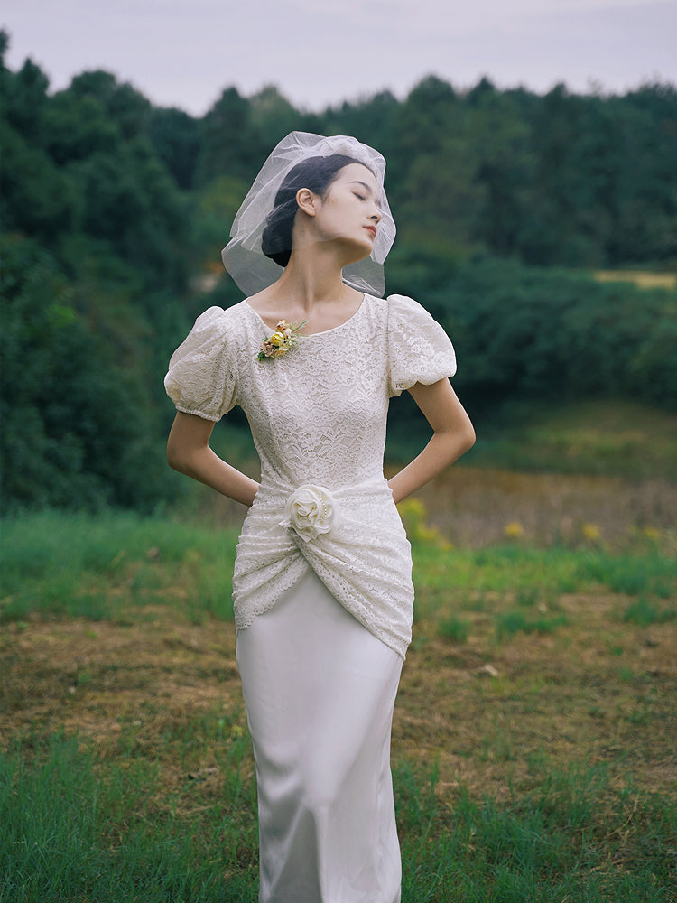 Vintage Milky Retro-Chic High-Waisted Cut Bridal White Lace Dress- Turni M / Milky Vintage Milky Retro-Chic High-Waisted Cut Bridal White Lace Dress- Turni M / Milky