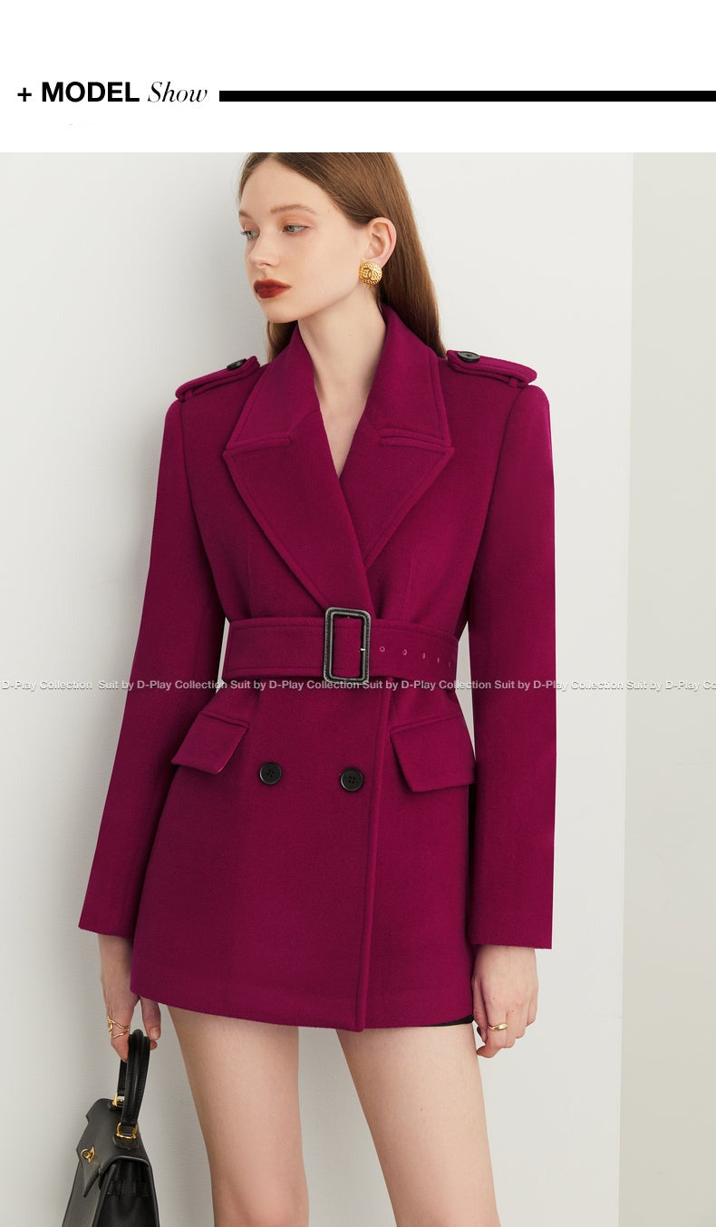 Winter dark night rose purple lapel collar wide belt short suit woolen coat - Reid
