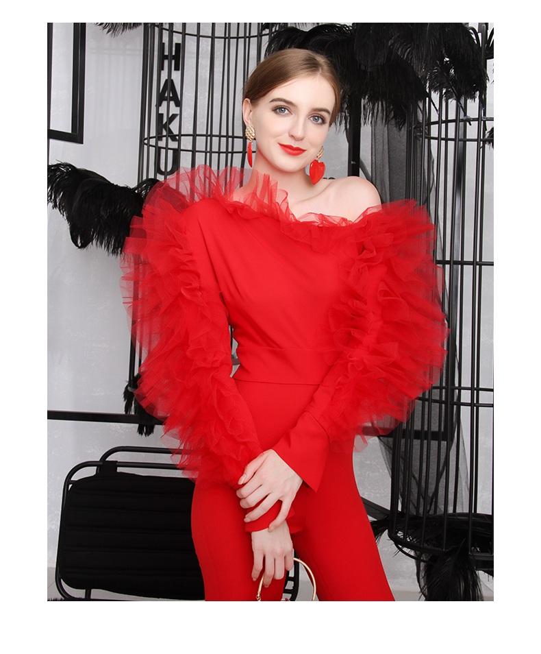 Hot red autumn and winter ruffled one shoulder banquet party cocktail red statement jumpsuit - Myva
