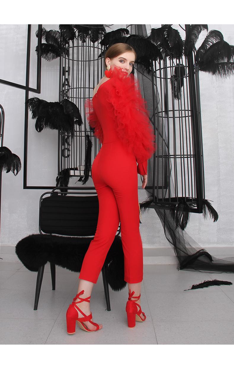 Hot red autumn and winter ruffled one shoulder banquet party cocktail red statement jumpsuit - Myva