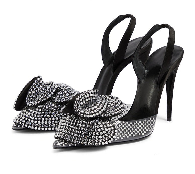 Early 2023 spring new black bow tie stiletto high-heeled sandals for women- Euge