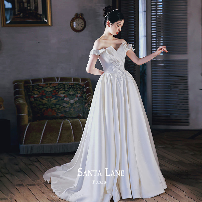 Early Spring 2023 satin light wedding new bride French one-shoulder dress - Monologue