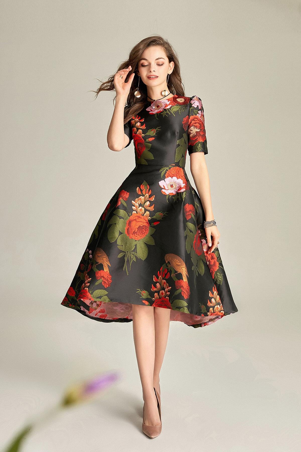 Spring retro 1950 Black jacquard wedding guest audrey hepburn dress