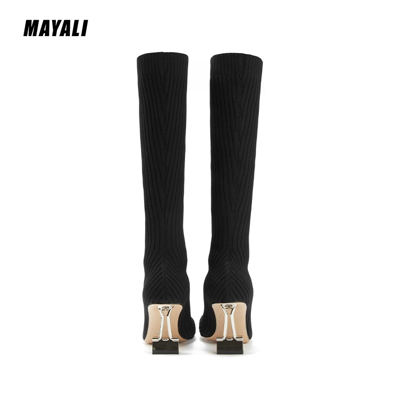 MAYALI square-toe black high-heeled elastic high boots - lioe