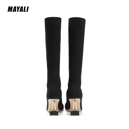 MAYALI square-toe black high-heeled elastic high boots - lioe