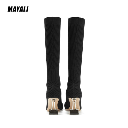 MAYALI square-toe black high-heeled elastic high boots - lioe