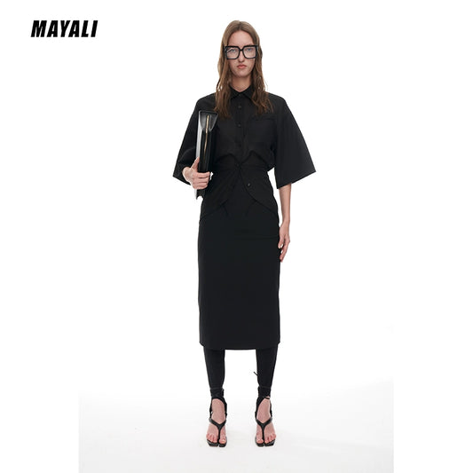 MAYALI POCKET HIGH WAISTBLACK WOOL MIDI PENCIL SKIRT - Sakara