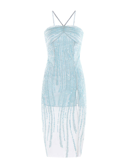 Wardrobes by Chen Luxury Blue Sleeveless Rhinestone Embroidery Slit Dress - Dami
