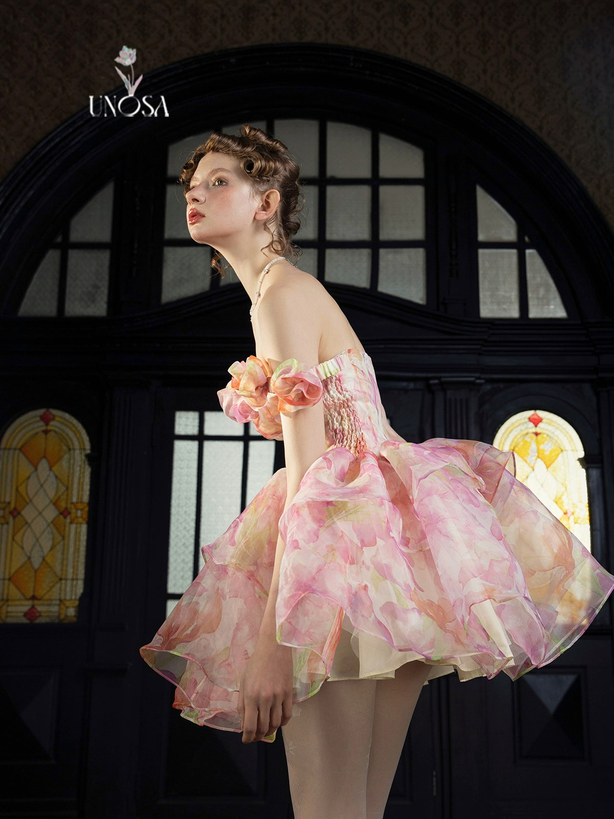 UNOSA pink three-dimensional flowerone-shoulder princess fluffy tutu balet dress - Donna