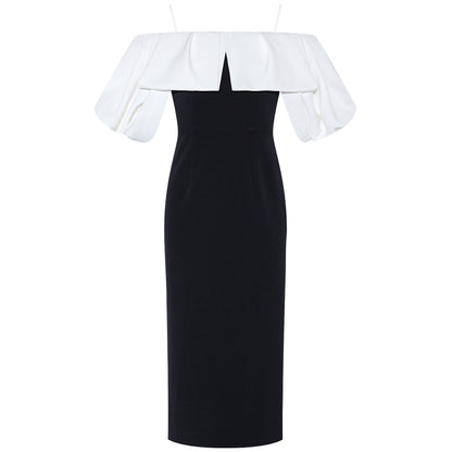 Luxury elegant sexy off-shoulder sling black and white pencil cocktail dress - Catia