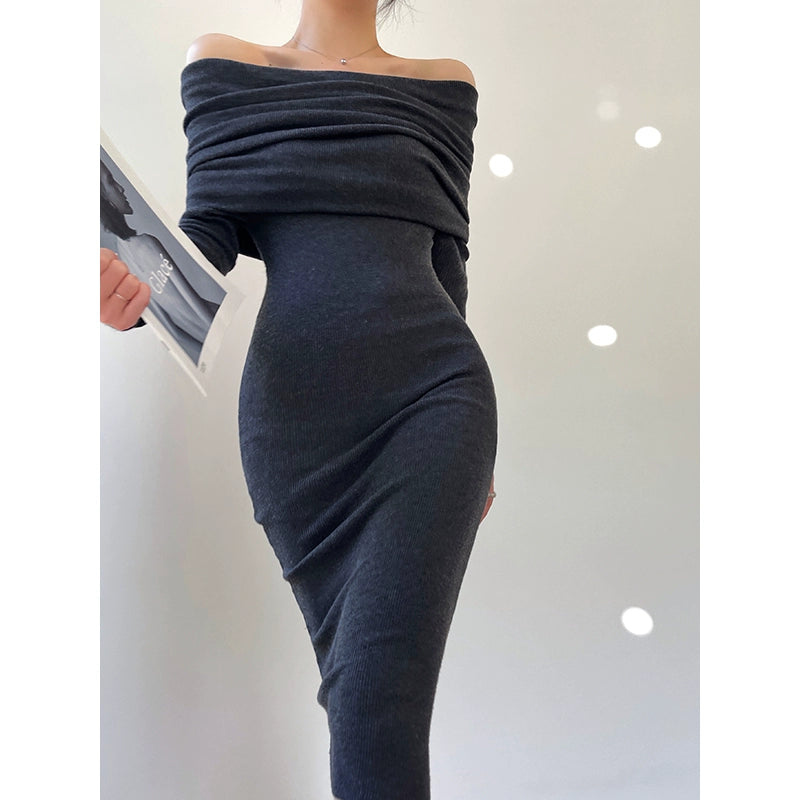 French Shoulder Body Con Knit Off Shoulder Fall Winter Dress - Smoky Rose S (XS-M Wearable) / Gray French Shoulder Body Con Knit Off Shoulder Fall Winter Dress - Smoky Rose S (XS-M Wearable) / Gray