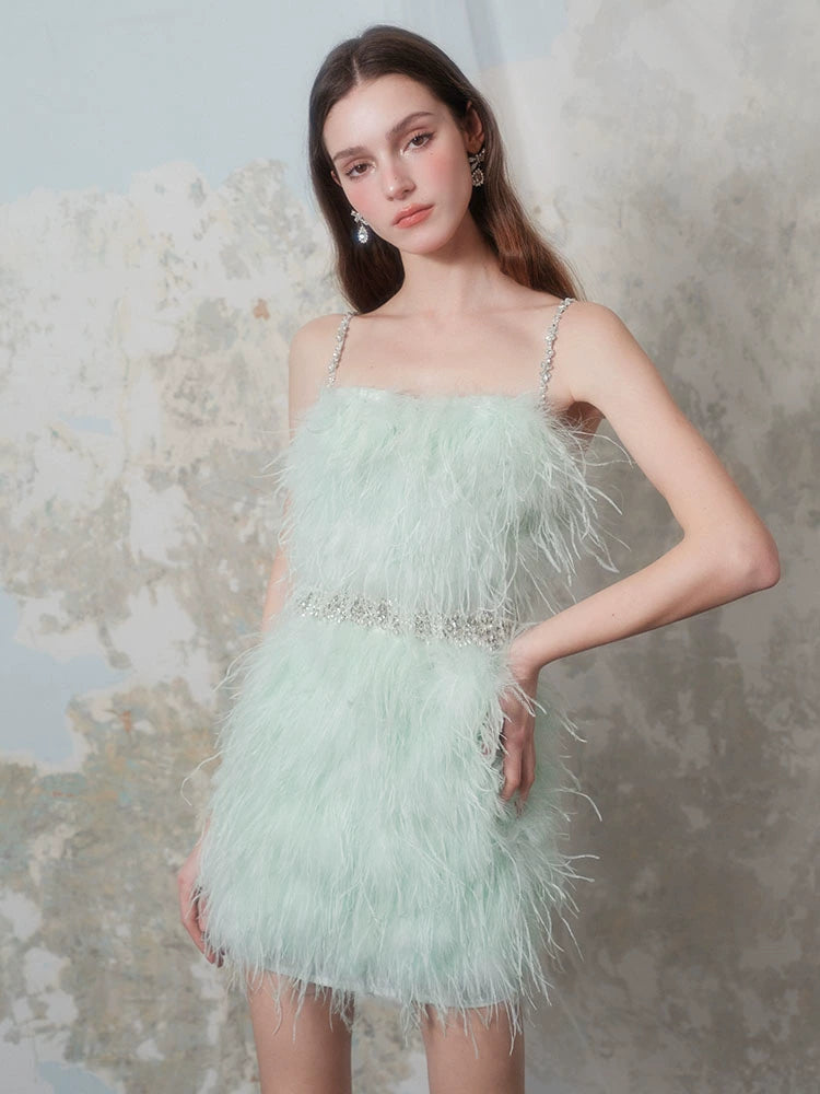 Wardrobes by Chen Luxury Mint Green Diamond Chain Strap Feather Short Dress-Sam M / Green Wardrobes by Chen Luxury Mint Green Diamond Chain Strap Feather Short Dress-Sam M / Green