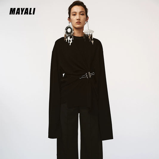 MAYALI fall crewneck deconstructs pinched pleated sweatshirt - Aliok