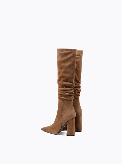 Fabfei Fall/Winter Pointed Toe Brown Stacked Block Heel Boots - Oniu