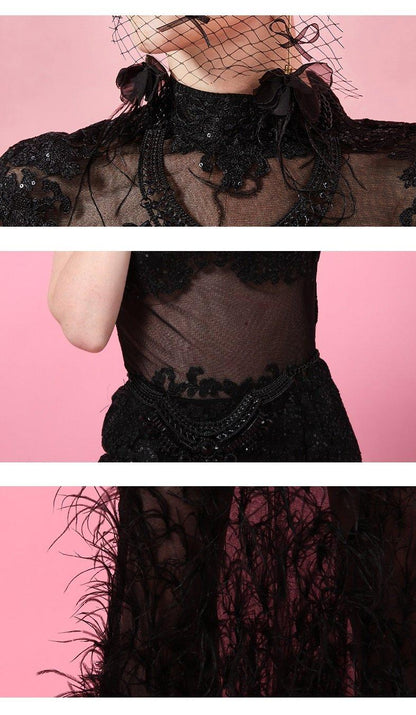 Short sleeve lace father black dress- Tina