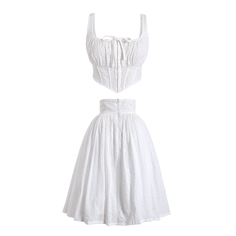 Le Palais Vintage French antique white cotton embroidered fishbone corset with high waisted skirt