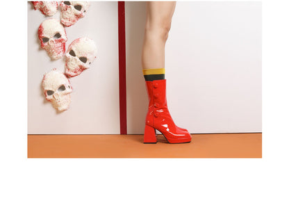 B-FEI thick heel platform square toe short patent leatherdesigner gogo red boots - Nuii