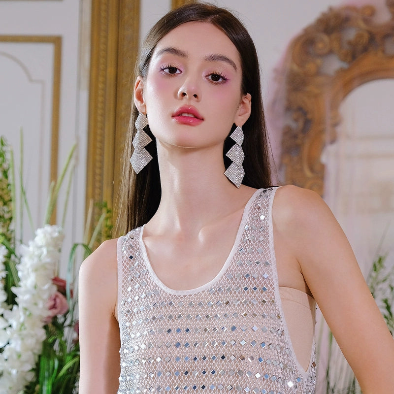 Wardrobes by Chen Luxury Diamond Drop Tassel Earrings-Moyo